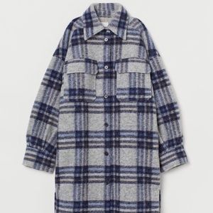 NWT H&M Long Shacket in Light Gray/Blue Plaid